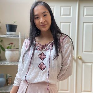White Embroidered Peasant Top